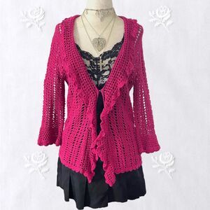 Westbound Coquette Whimsygoth Front Hook Ruffle Pink Crochet Cardigan S
